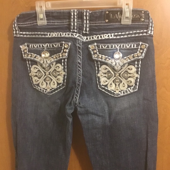 L.A. idol Denim - LA Idol Dark Wash Rhinestone Pocket Boot cut Jeans 7